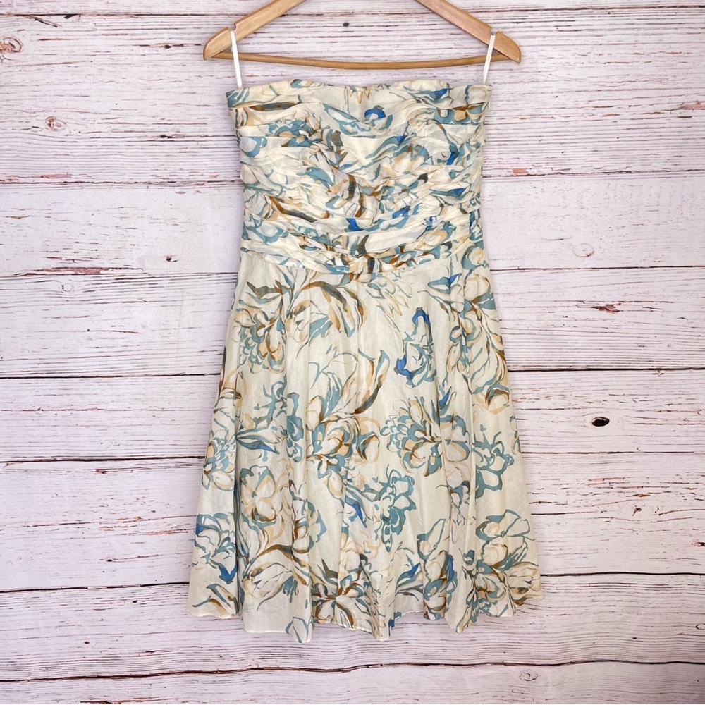 Banana Republic Strapless Floral Dress in Cream, Blue, Tan